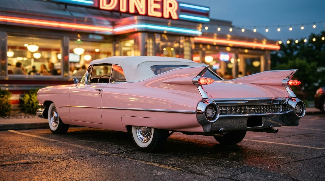 Pale pink 1950s American convertible with tall tailfins outside a neon-lit diner