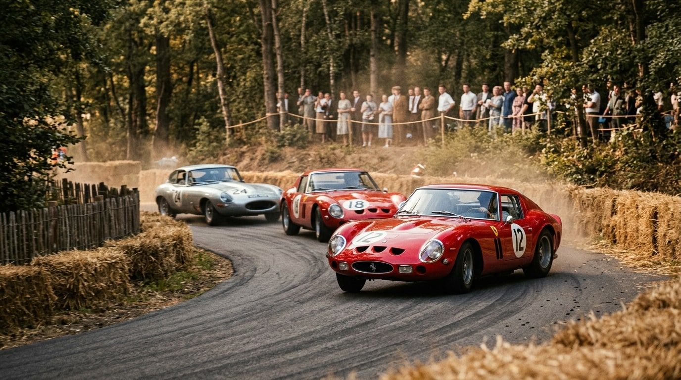 Front-engined GT racing cars cornering on a tree-lined circuit in the 1960s, seen from the outside of the corner