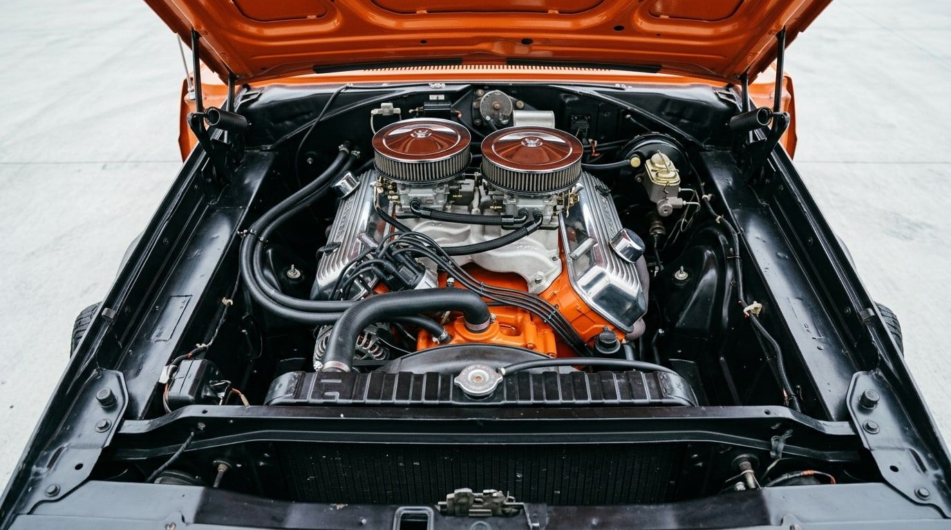 Large orange-painted V8 engine with two chrome air cleaners in an open engine bay