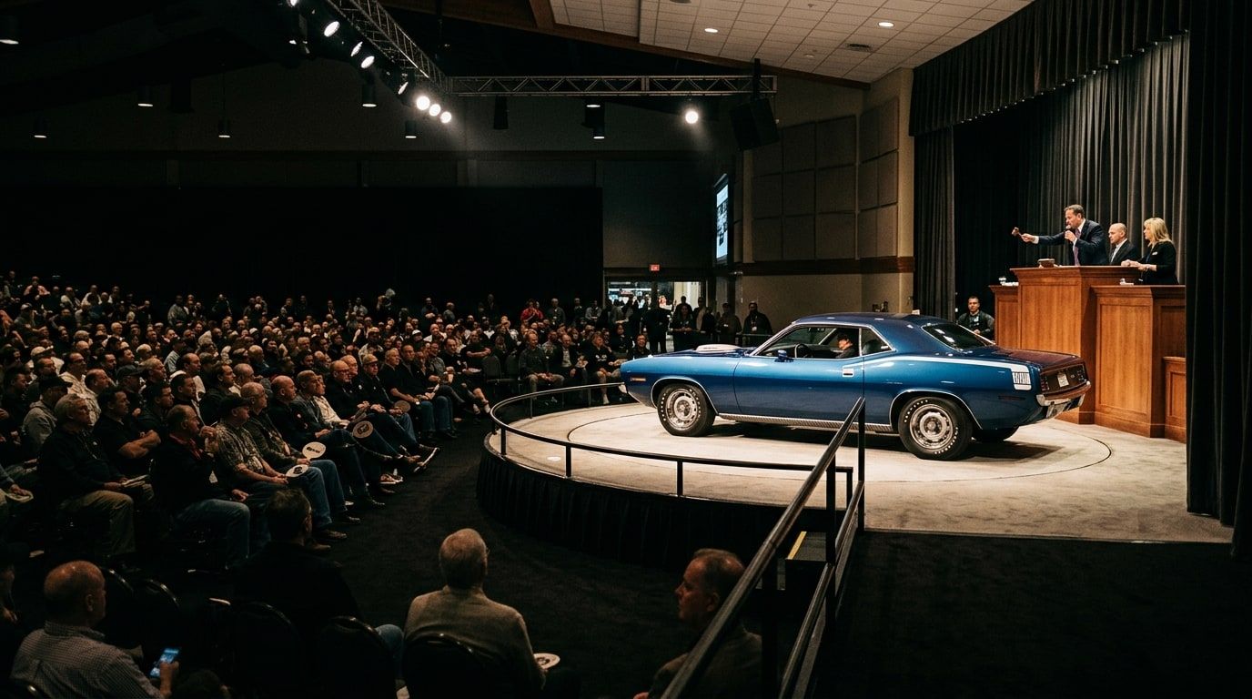 Classic American muscle car on a lit stage at an indoor collector car auction with bidders in shadow