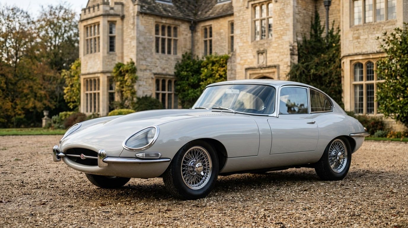 Pale silver 1960s British grand touring coupe on a gravel drive before a country house