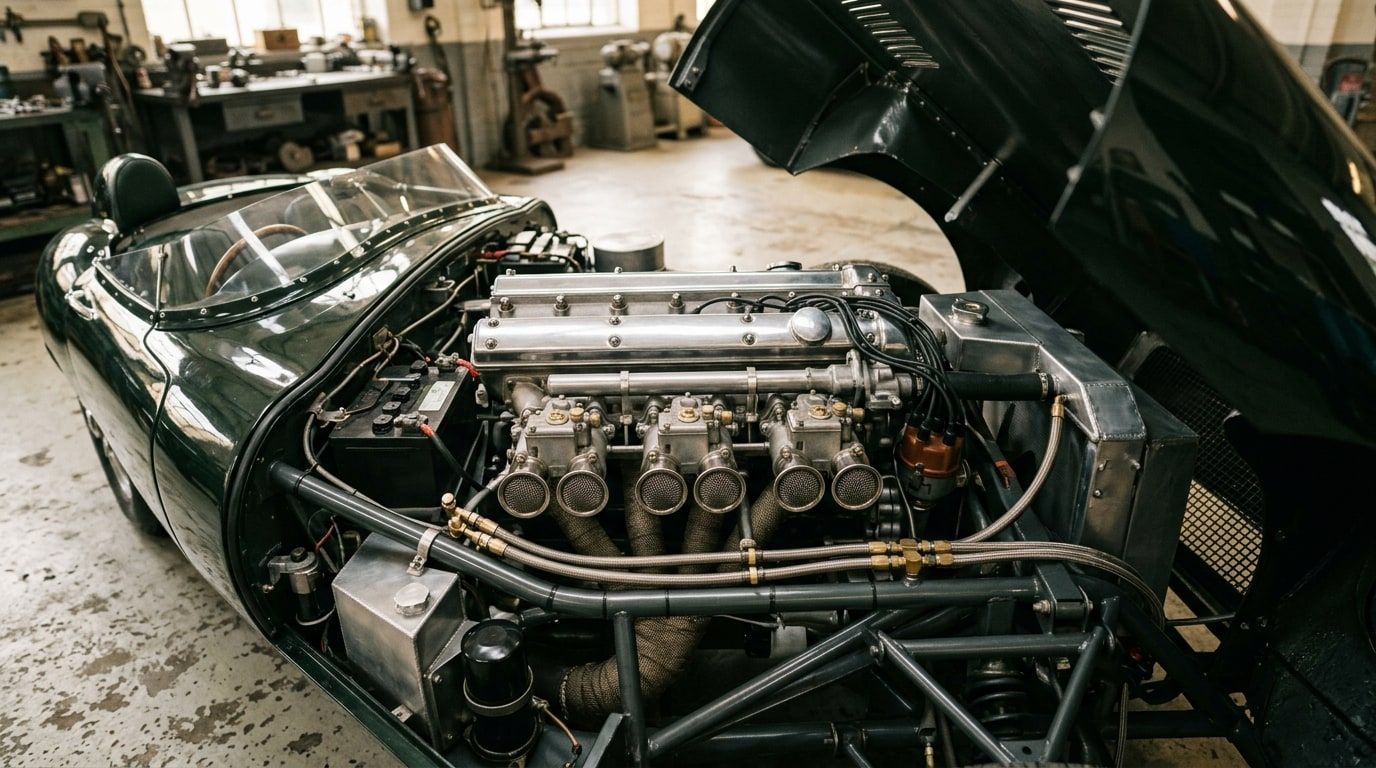 Twin-cam inline-six racing engine with three side-draught carburettors in an open bonnet