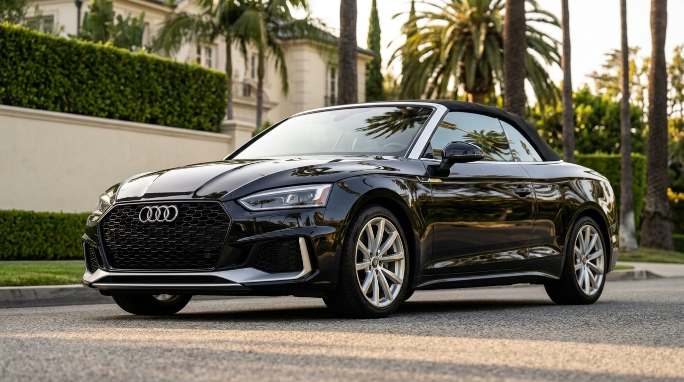 Black Audi A5 Cabriolet with the roof raised, from a low front three-quarter on a palm-lined Beverly Hills street