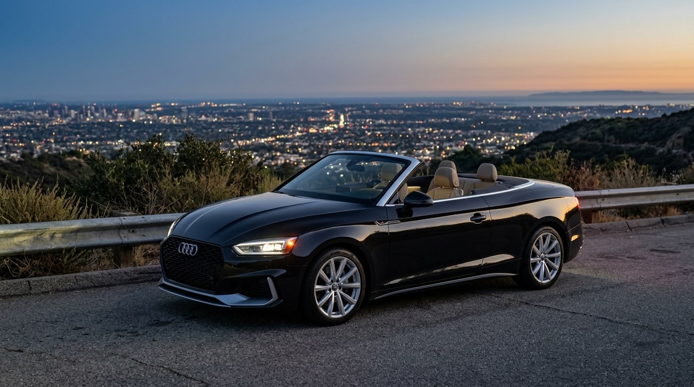 Black Audi A5 Cabriolet on a canyon road above Los Angeles at dusk