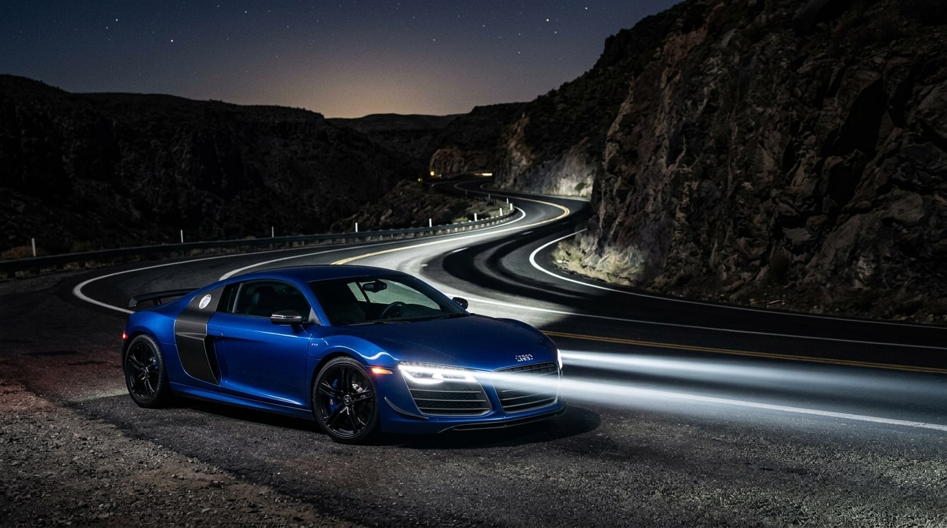 Blue Audi R8 LMX at night on a canyon road with its laser high beams lighting the road ahead, low front three-quarter view