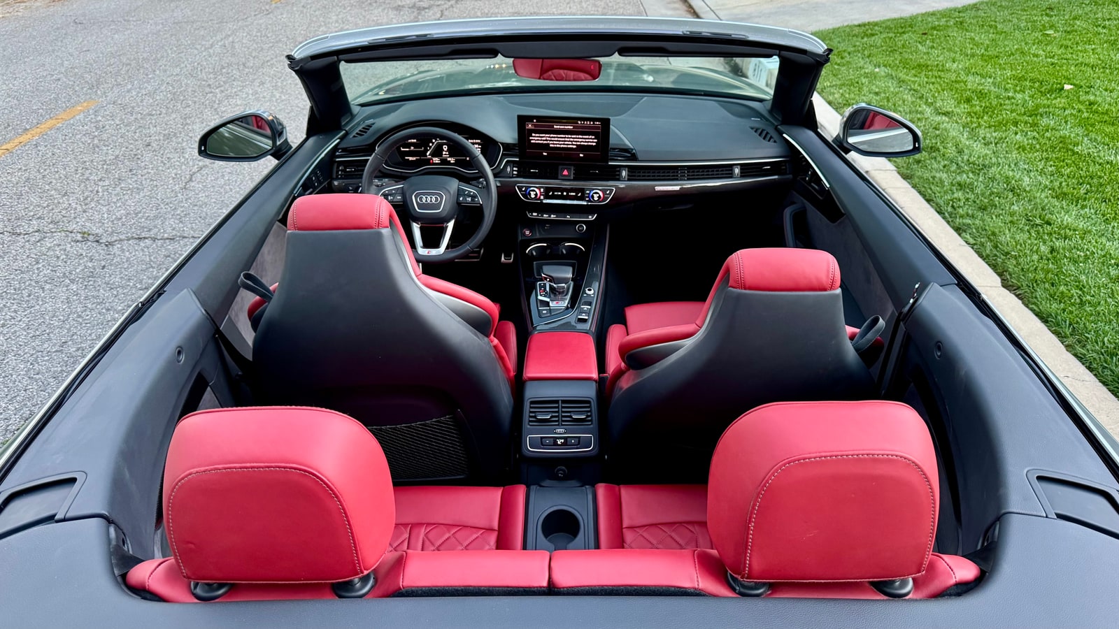 Red leather cabin of the Audi S5 Cabriolet seen from above