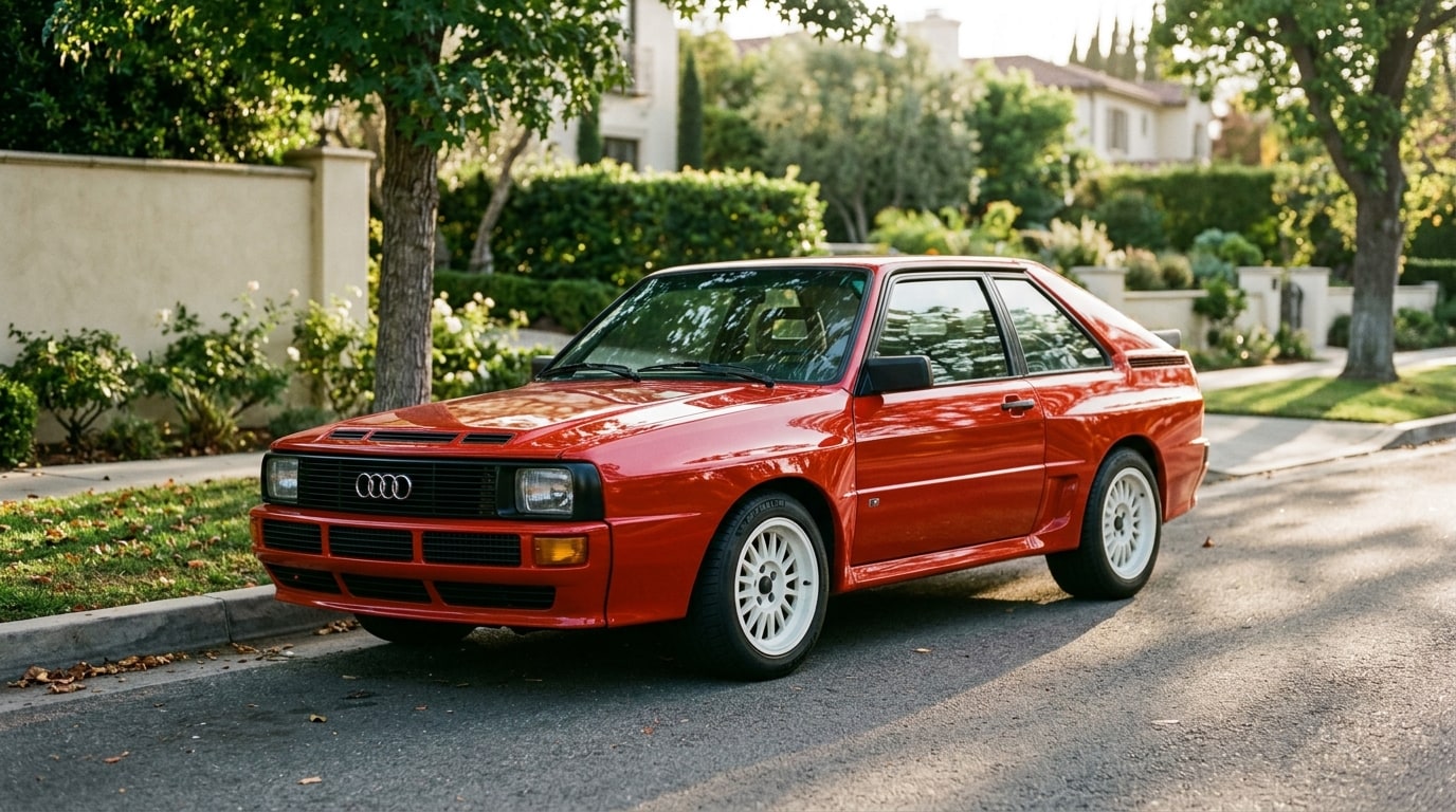 Red 1984 Audi Sport quattro short-wheelbase road car with flared arches and white wheels, front three-quarter view at a kerb on a Los Angeles street