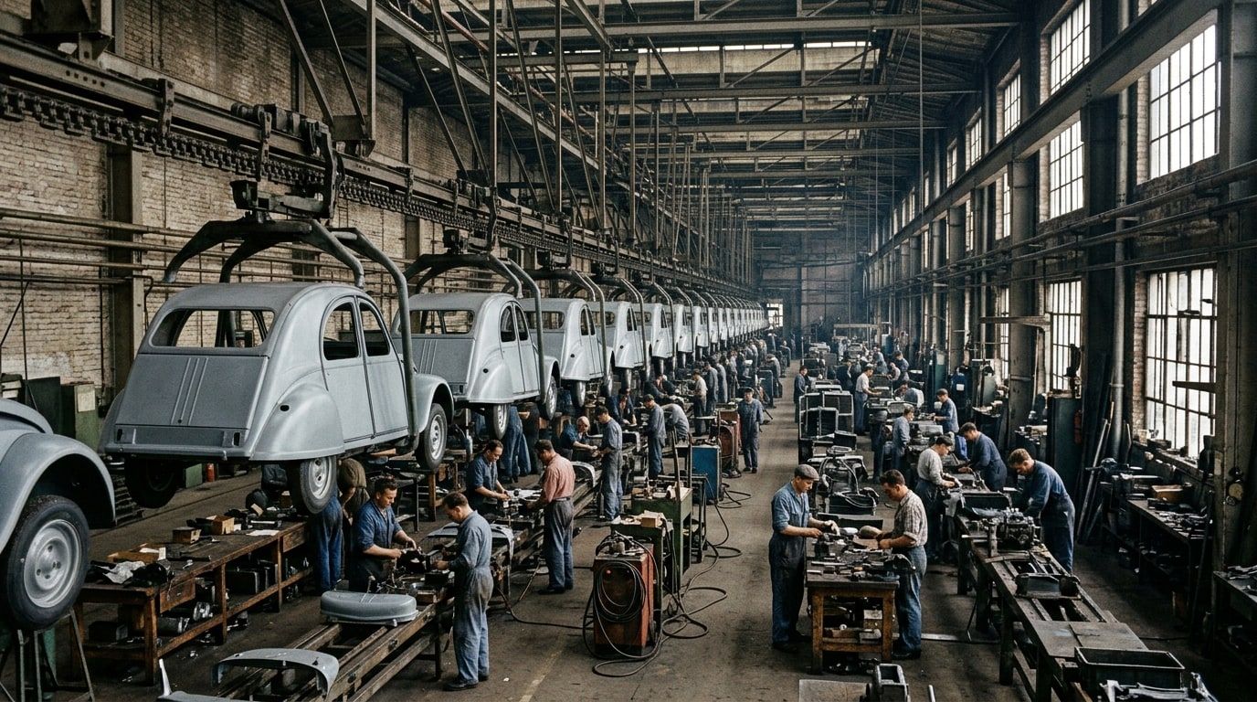 Identical small rounded car bodies on an overhead conveyor in a 1960s factory