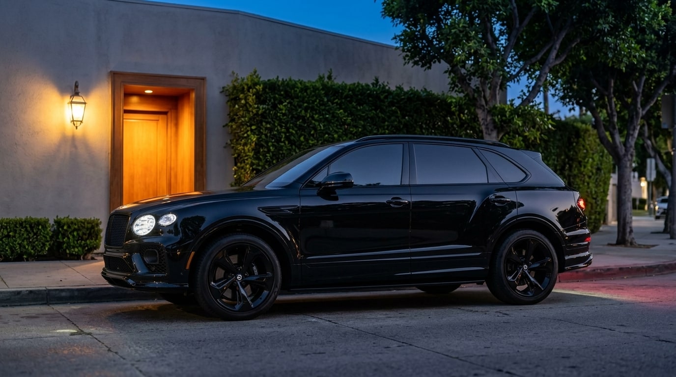 Black Bentley Bentayga stopped at the kerb outside a quiet restaurant entrance on a West Hollywood side street at dusk