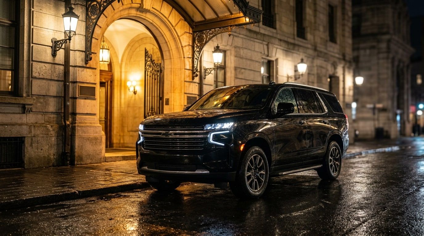 Black luxury SUV on a wet city street at night outside a lit stone entrance