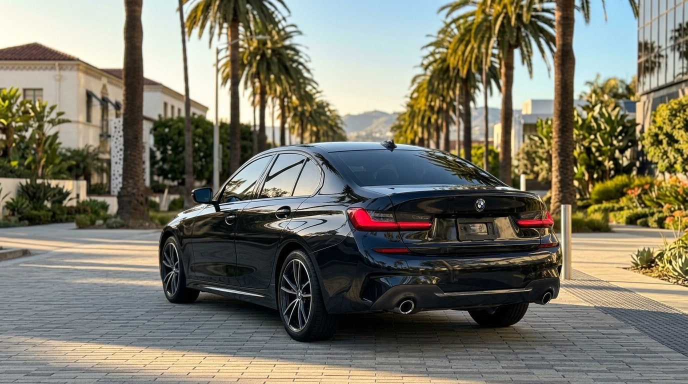 Black BMW 3 Series from the rear three-quarter on a palm-lined Santa Monica boulevard