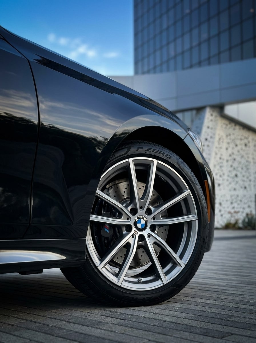 Front wheel and flank of the black BMW 3 Series