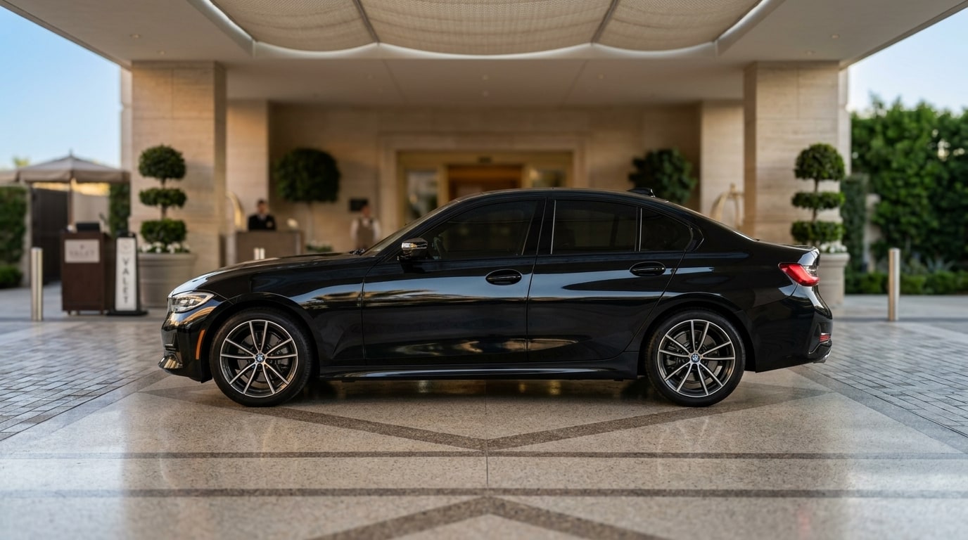 Black BMW 3 Series in profile under a Beverly Hills hotel porte-cochère