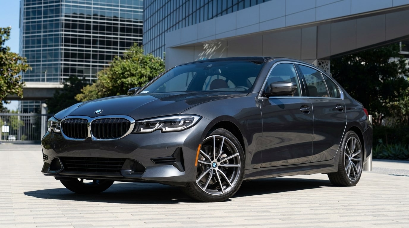Grey BMW 3 Series in the forecourt of a Playa Vista office building, front three-quarter view