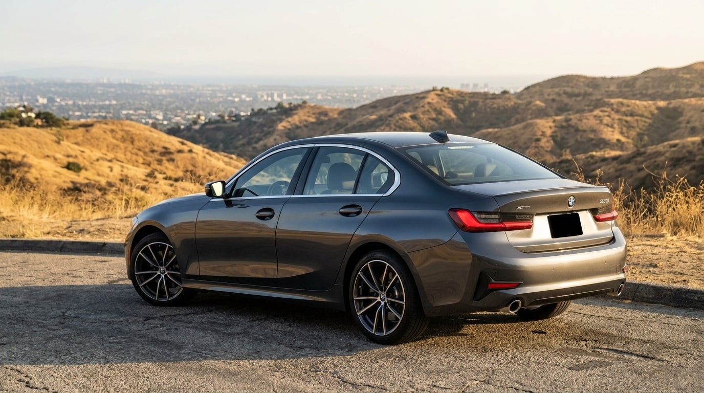 Grey BMW 3 Series from the rear three-quarter on Mulholland Drive