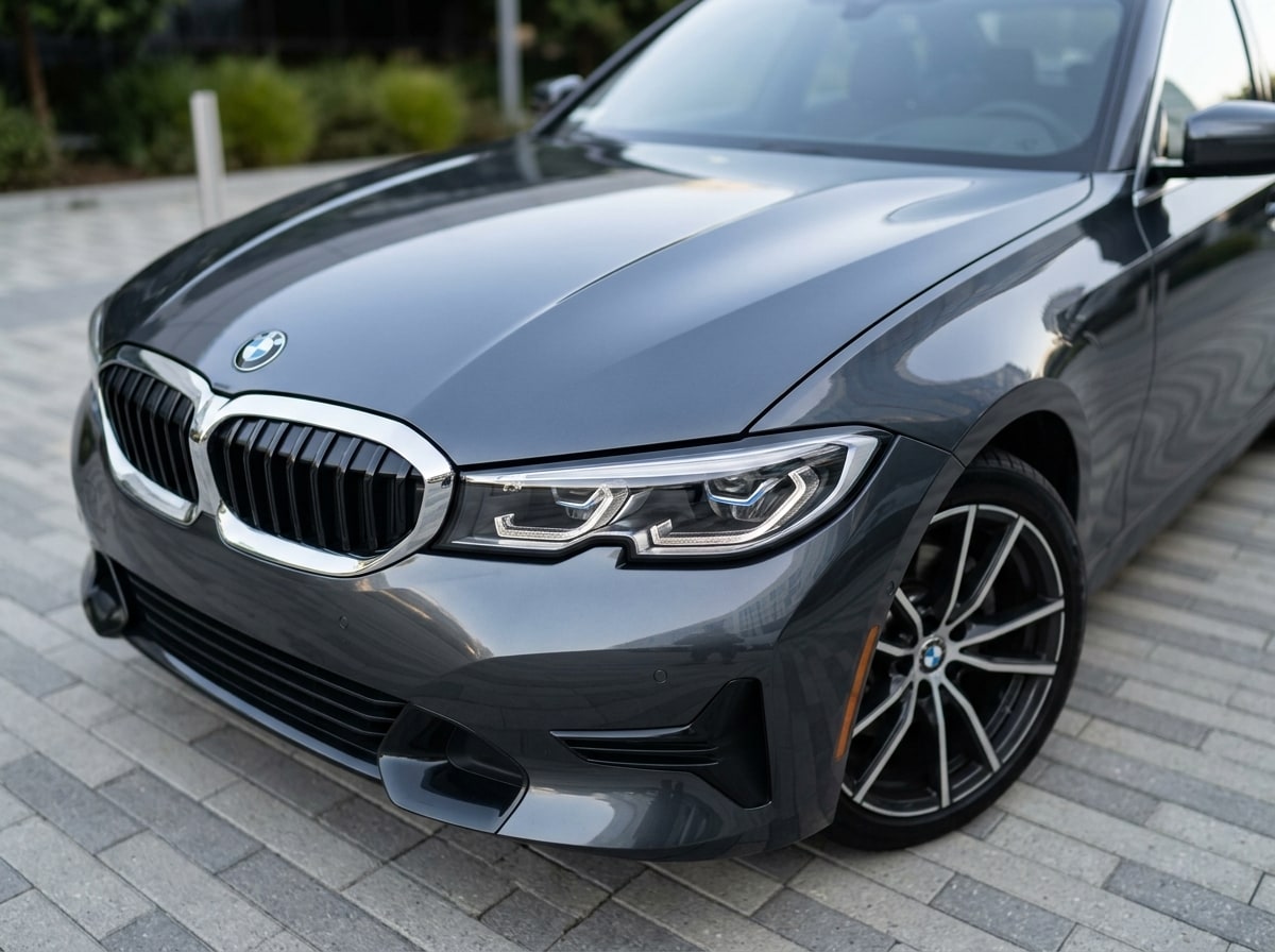 Kidney grille and headlamp of the grey BMW 3 Series