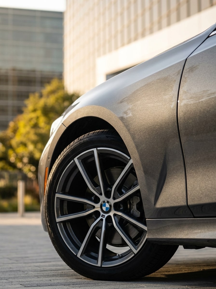 Front wheel and flank of the grey BMW 3 Series