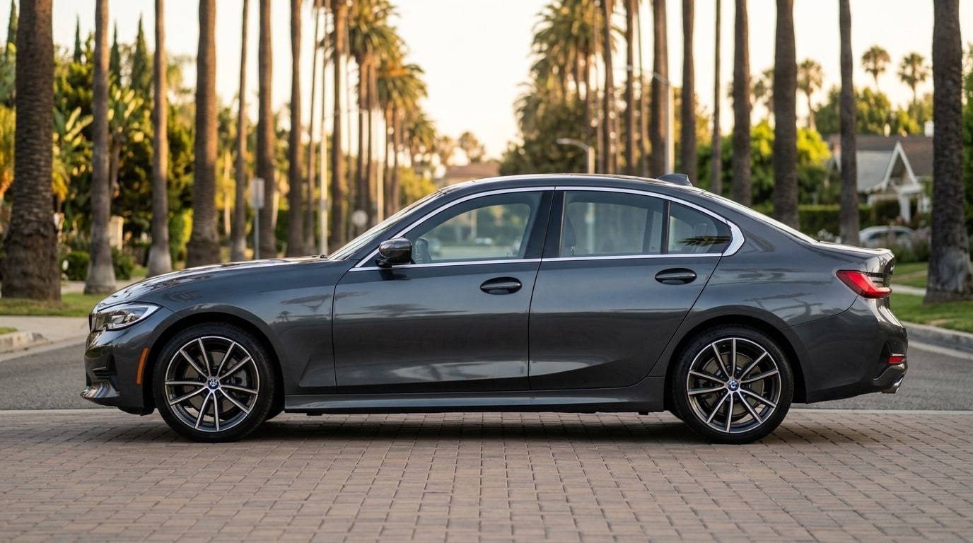 Grey BMW 3 Series in profile on a palm-lined Santa Monica street
