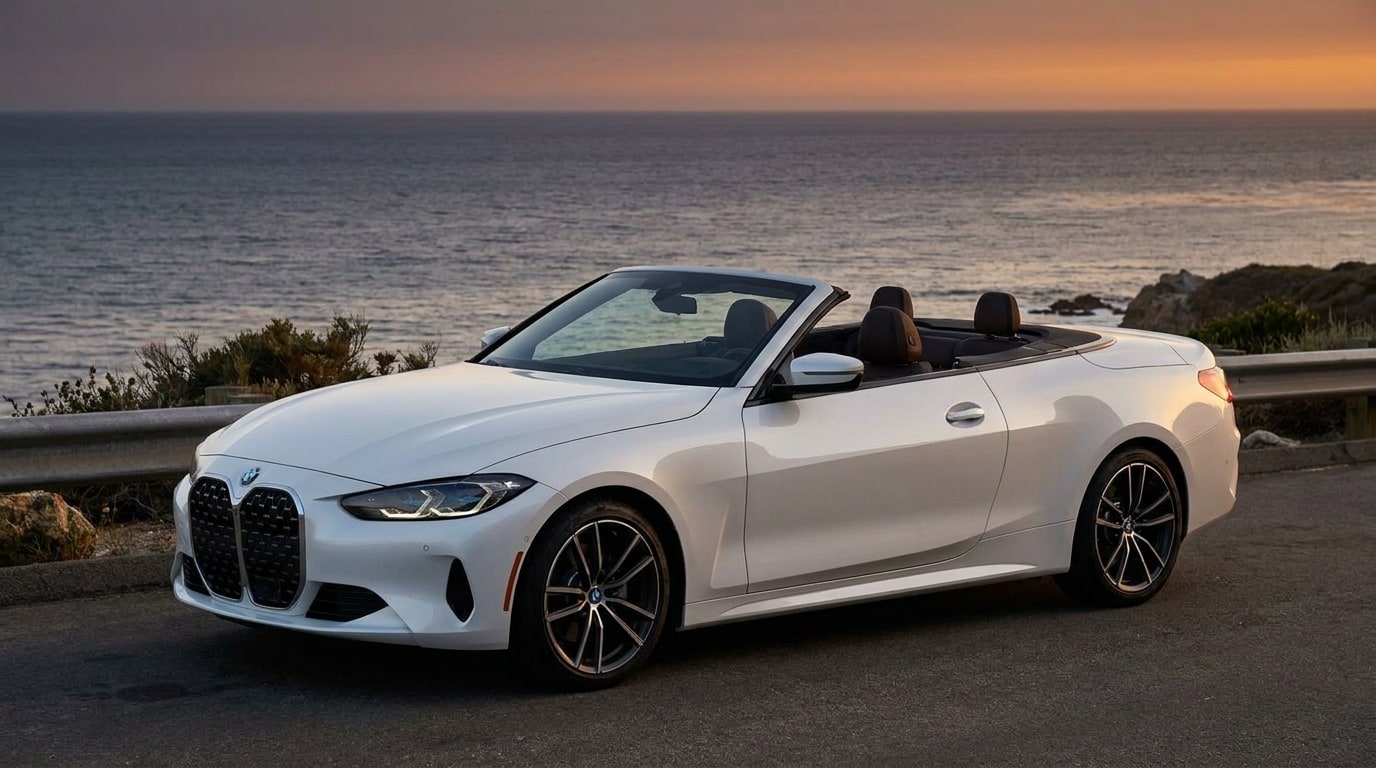 White BMW 430i convertible on the coast road above the Pacific at dusk