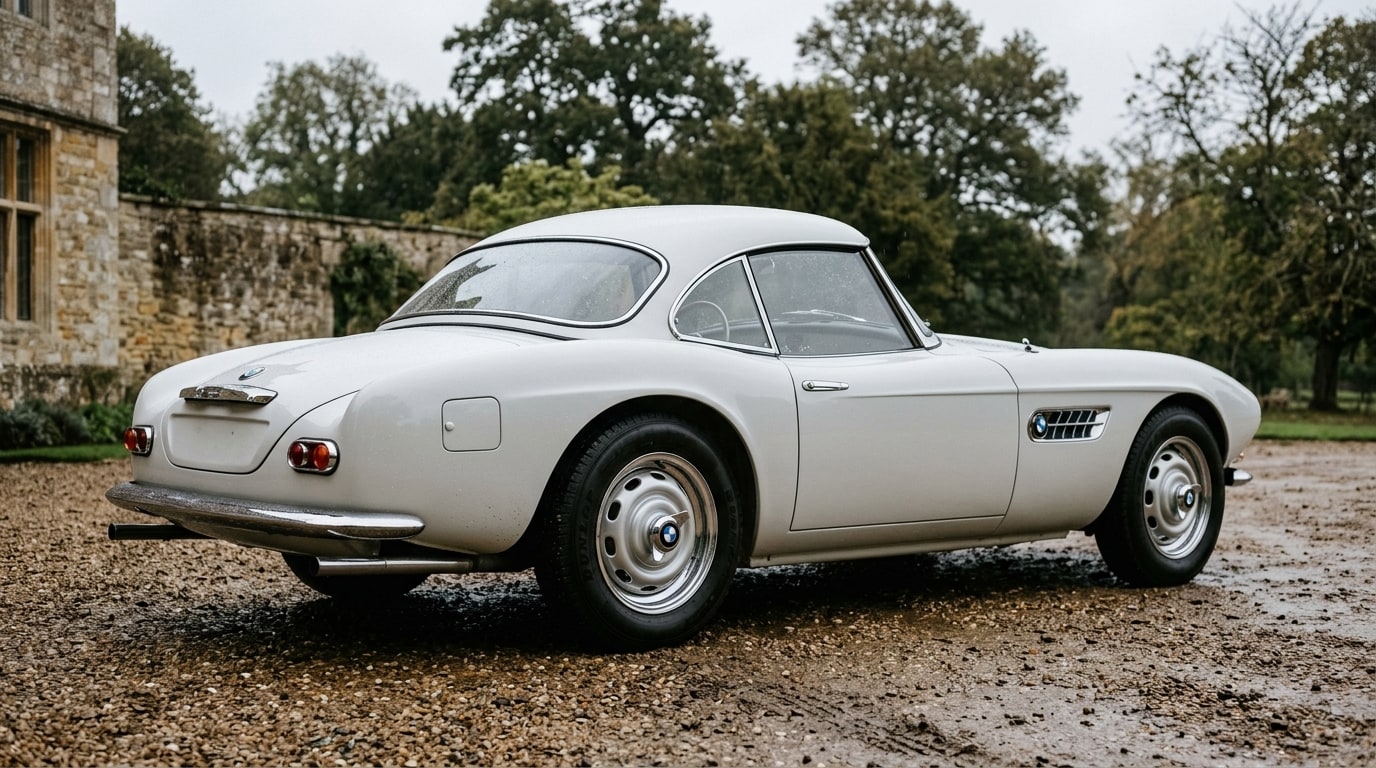 Silver-white 1957 BMW 507 with its removable hardtop fitted, rear three-quarter view on a gravel forecourt