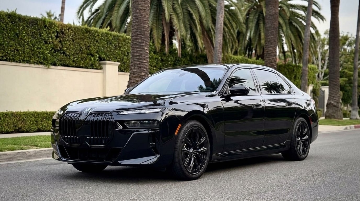 Black BMW 7 Series from a low front three-quarter on a palm-lined Beverly Hills street