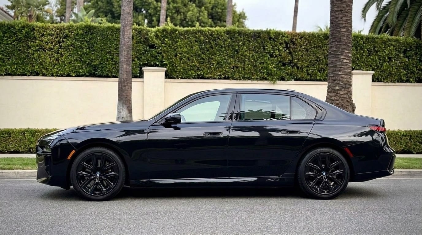 Black BMW 7 Series in profile, showing its full length