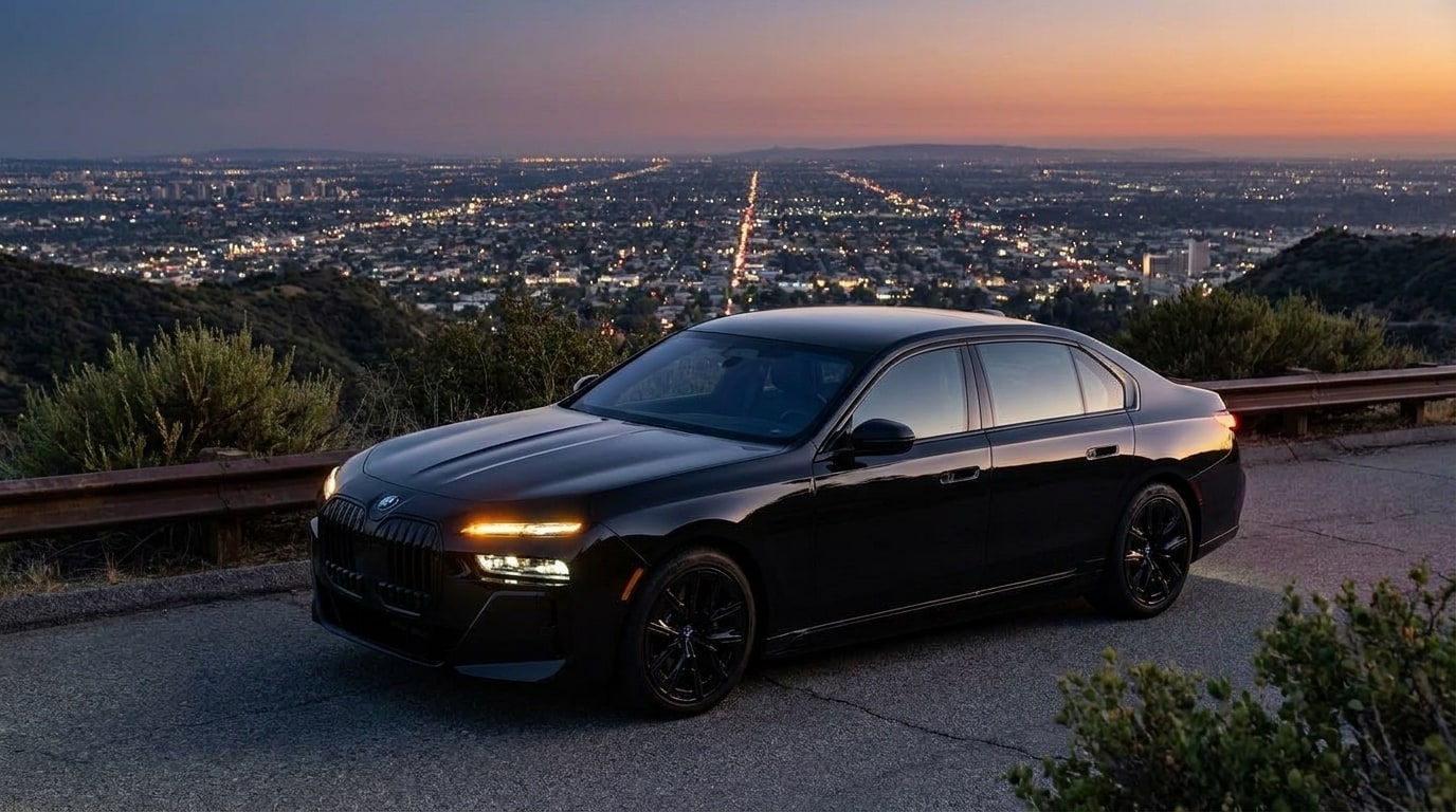 Black BMW 7 Series on a canyon road above Los Angeles at dusk