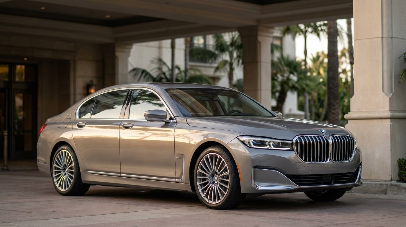 Silver BMW 7 Series under the porte-cochère of a Beverly Hills hotel, front three-quarter view
