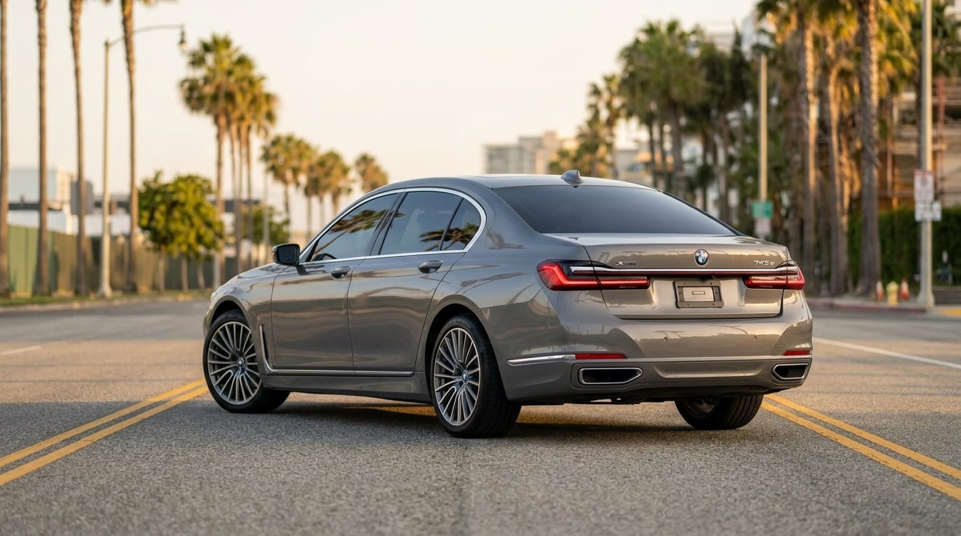 Silver BMW 7 Series from the rear three-quarter on a palm-lined Santa Monica boulevard
