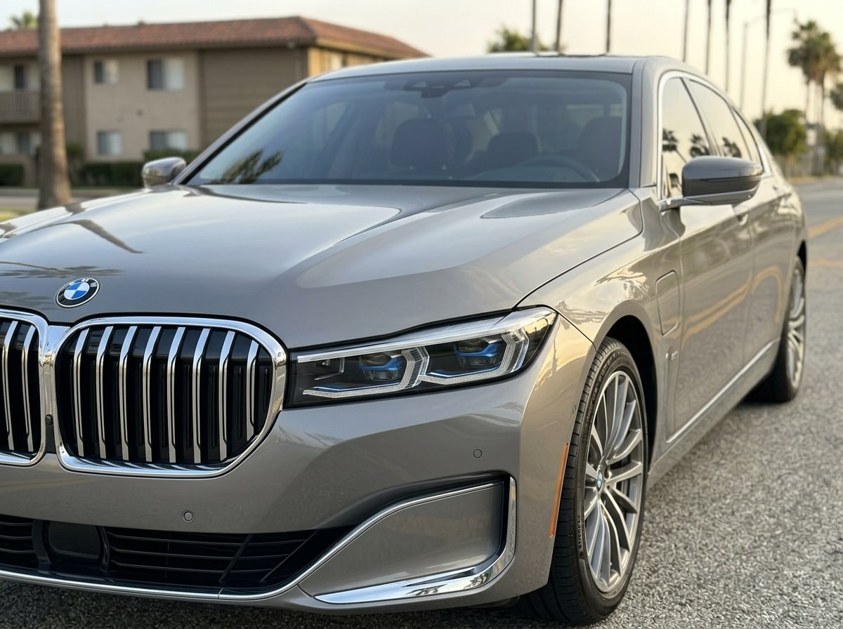 Kidney grille and headlamp of the silver BMW 7 Series