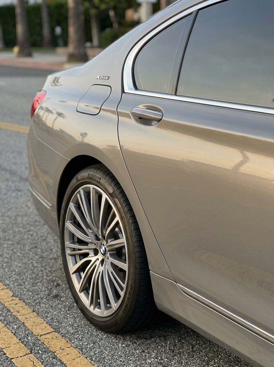 Rear door and chrome window line of the silver BMW 7 Series