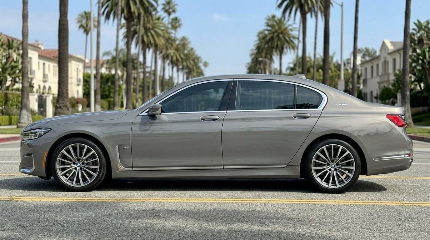Silver BMW 7 Series in profile on a Beverly Hills street