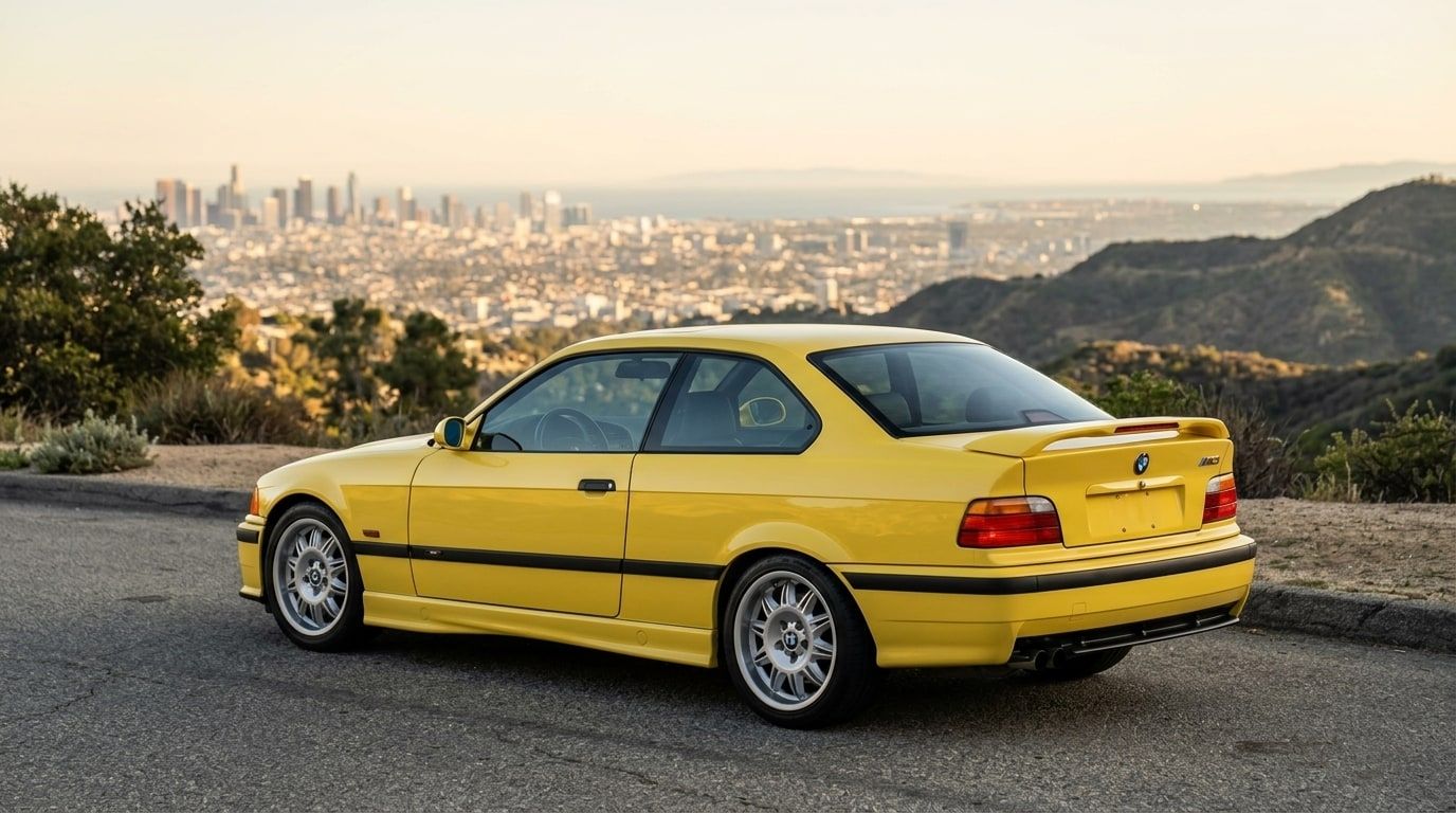 Yellow BMW M3 coupe parked at an overlook above Los Angeles, rear three-quarter view