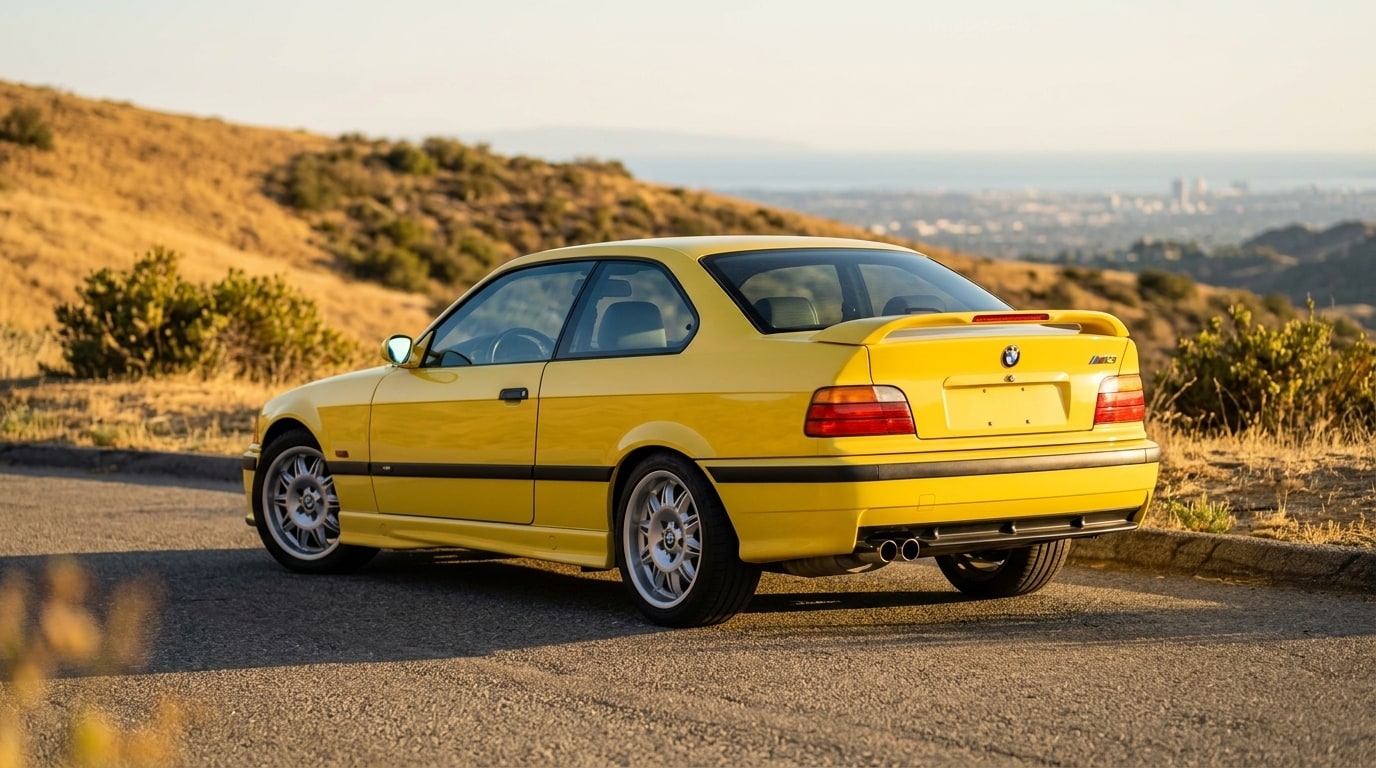 Yellow BMW E36 M3 from the rear three-quarter on a canyon road above Los Angeles