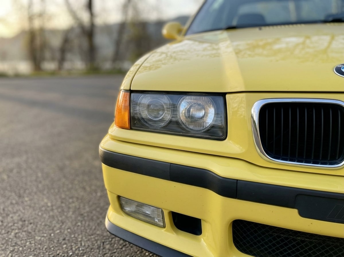 Round headlamps and kidney grille of the yellow BMW E36 M3