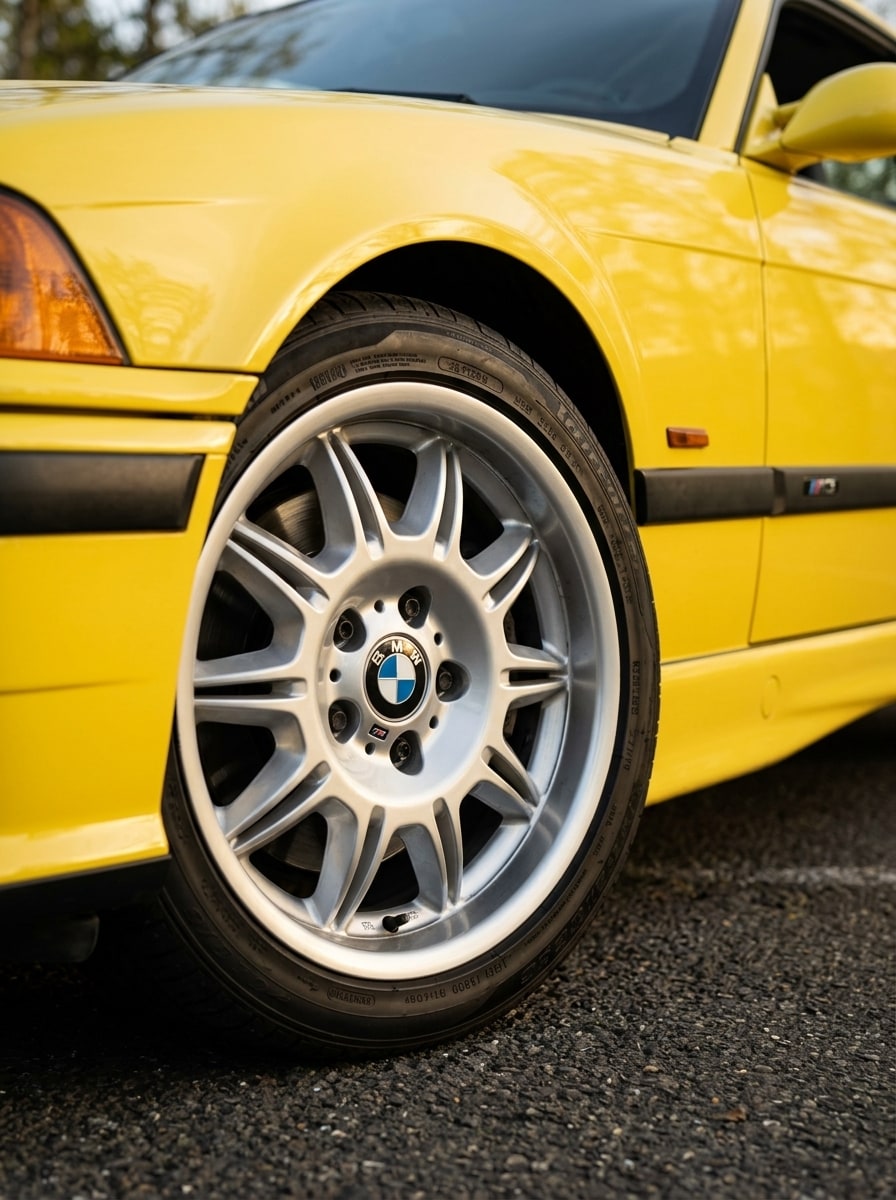 Front wheel and arch of the yellow BMW E36 M3