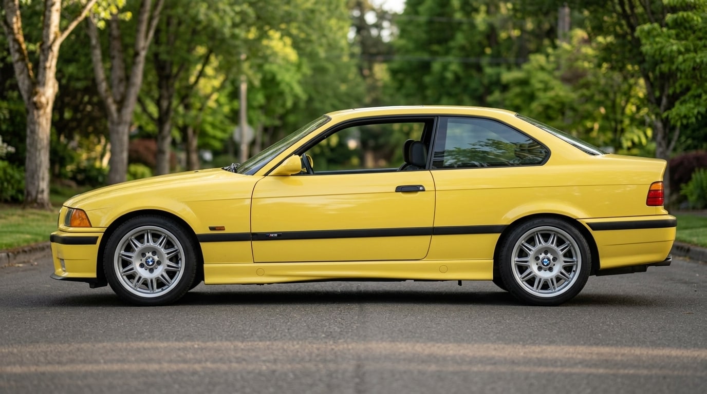 Yellow BMW E36 M3 in profile on a quiet street