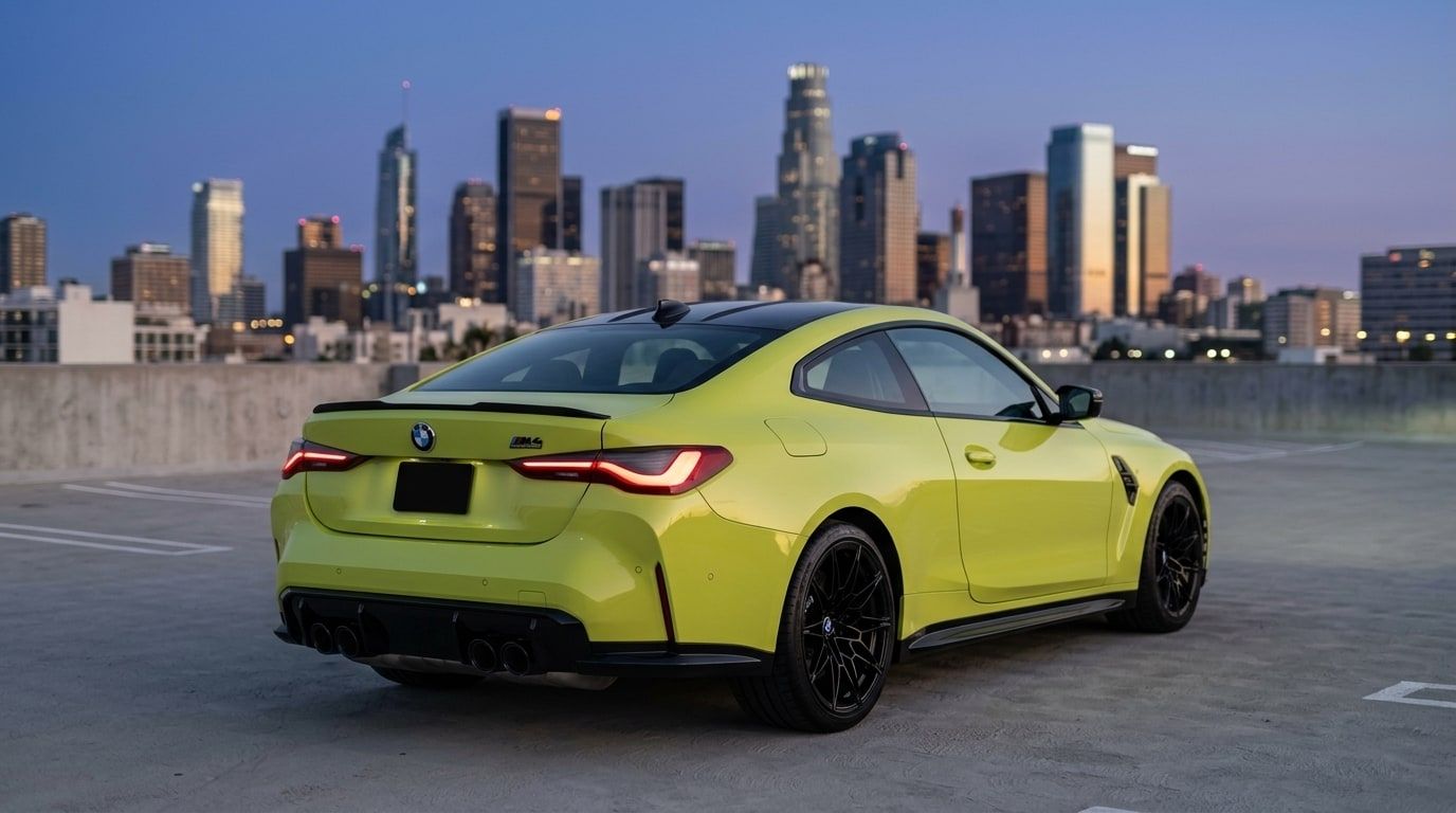 Yellow BMW M4 coupe on a rooftop parking deck at dusk with the downtown Los Angeles skyline behind, rear three-quarter view