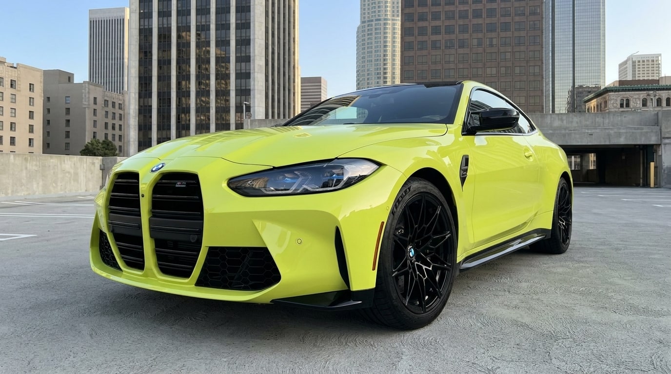 Yellow BMW M4 from a low front three-quarter on a downtown Los Angeles parking deck