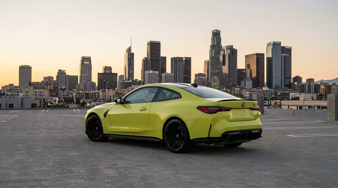 Yellow BMW M4 from the rear three-quarter with the Los Angeles skyline behind