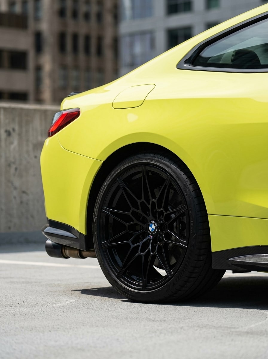 Rear wheel and haunch of the yellow BMW M4