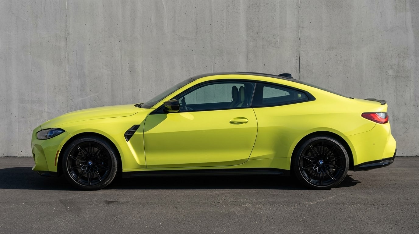Yellow BMW M4 in profile against a concrete wall