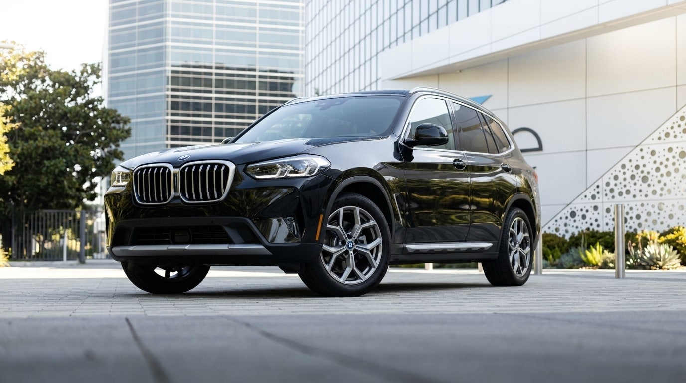 Black BMW X3 in the forecourt of a Playa Vista office building, front three-quarter view