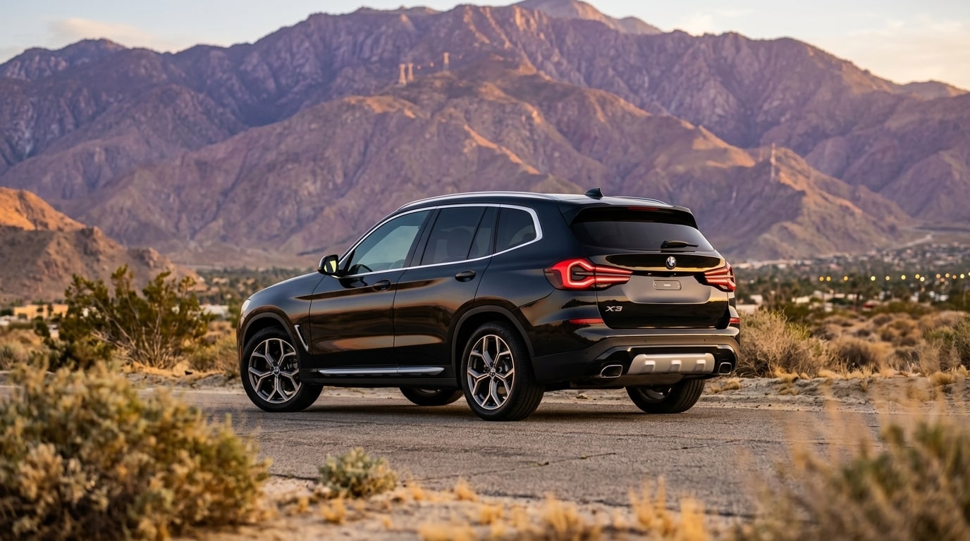 Black BMW X3 from the rear three-quarter on the road into Palm Springs