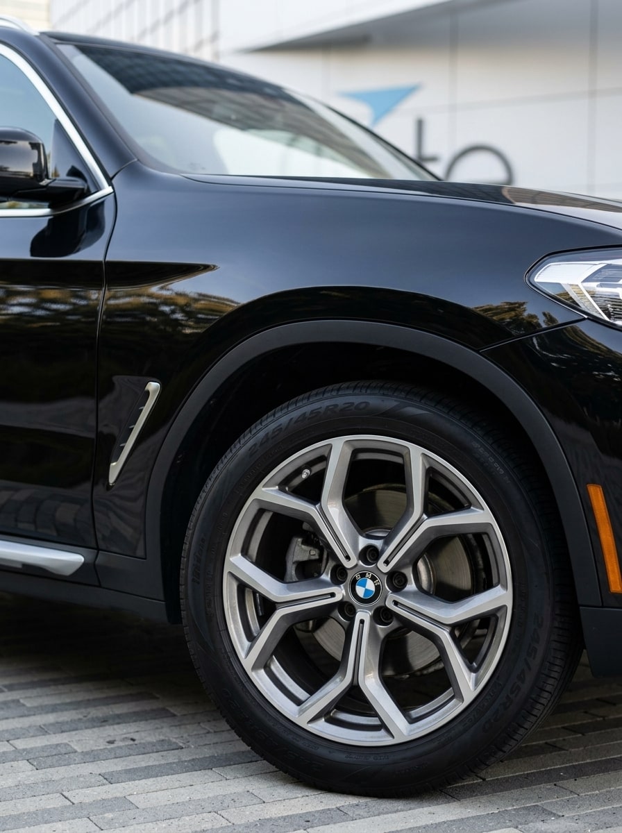 Front wheel and flank of the black BMW X3