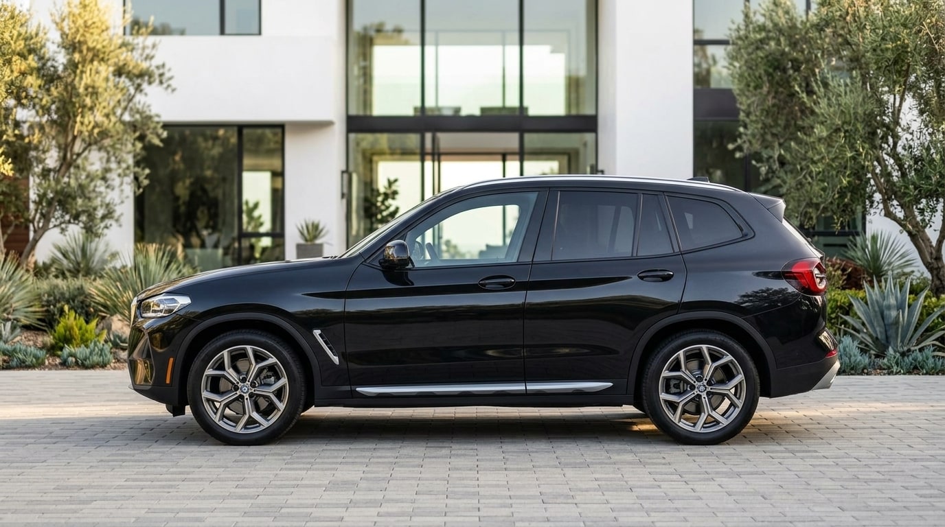 Black BMW X3 in profile outside a modern house in Brentwood