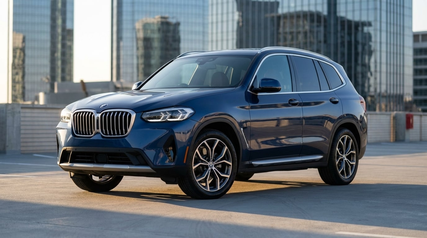 Blue BMW X3 on the top deck of a Century City parking structure, front three-quarter view