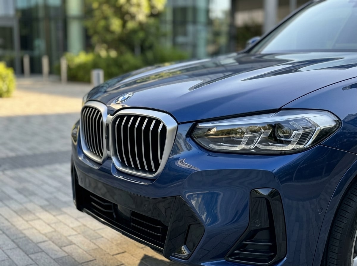 Kidney grille and headlamp of the blue BMW X3
