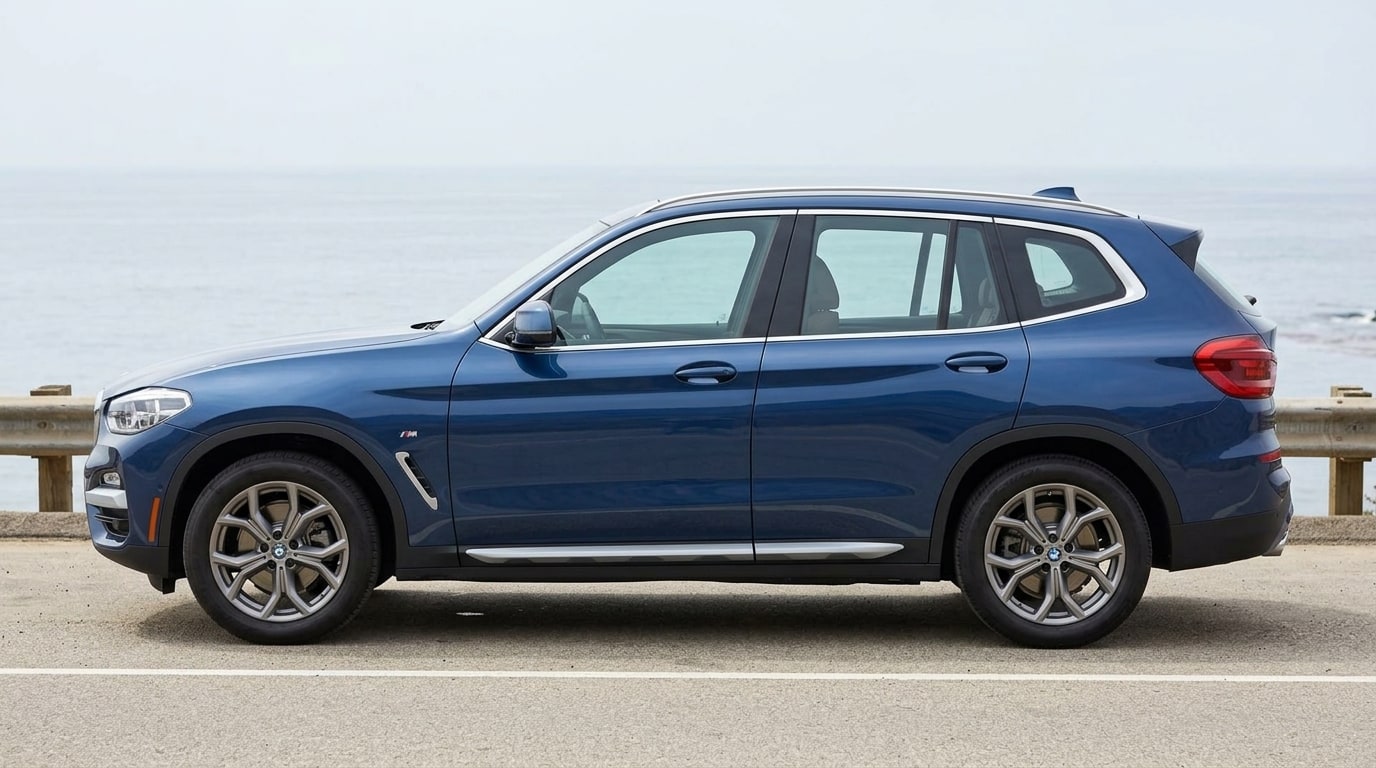 Blue BMW X3 in profile on Pacific Coast Highway