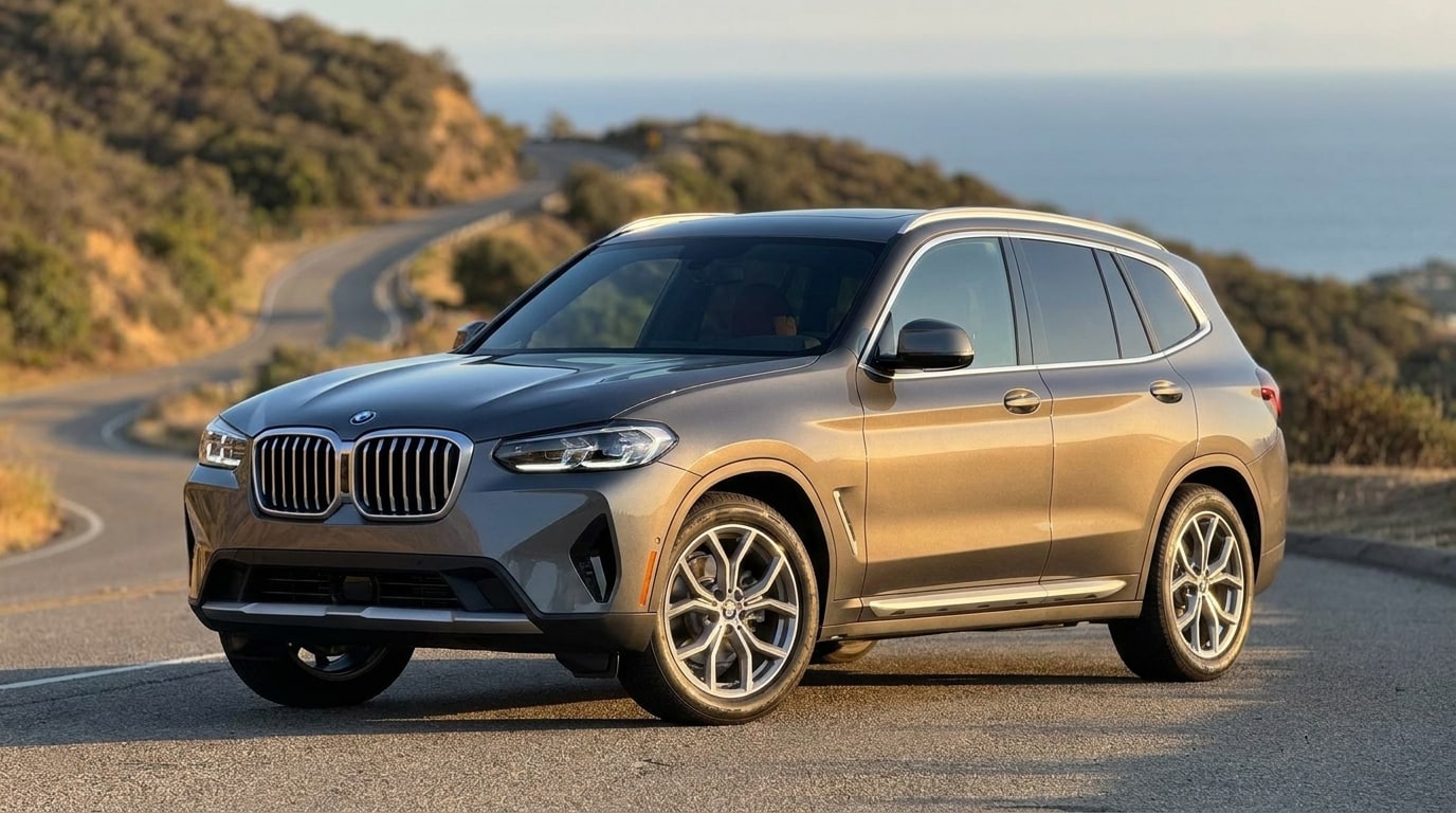 Grey BMW X3 on a canyon road above Malibu in low golden light, front three-quarter view